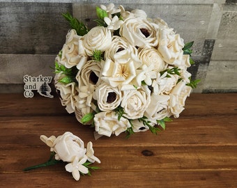 Wood Flower Bridal Bouquet w/ Matching Boutonniere, Classic Ivory Brides Bouquet, Garden Wedding Brides Bouquet , Keepsake Bouquet