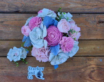 Wood Flower and Book Page Bouquet w/ matching Boutonniere, Bridal Bouquet, Wedding Bouquet, Pink and Gray Bridesmaids Bouquet, Book Flowers