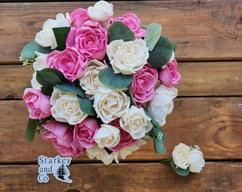 Sola Wood Bridal Bouquet w/ Matching Boutonniere, Classic Pink and Ivory Rose Bouquet, Wooden Flower Wedding Bouquet, Keepsake Bouquet