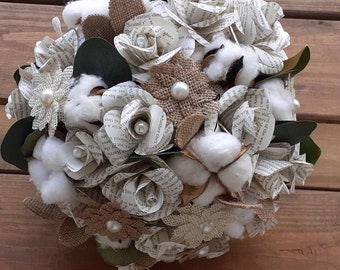 Brides Bouquet w/ Cotton and Burlap Accents, Book Page Wedding Bouquet, Rustic Bridal Bouquet, Paper Flower Bouquet, Farmhouse Style Wedding