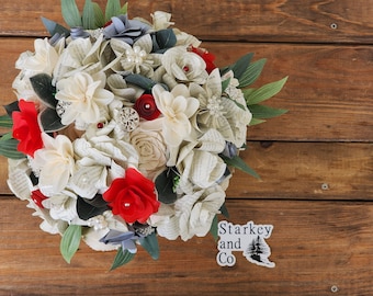 Jane Austen Book Page Wedding Bouquet accented with Brooches, Paper and Sola Wood Flower Brides Bouquet, Literary Theme Wedding