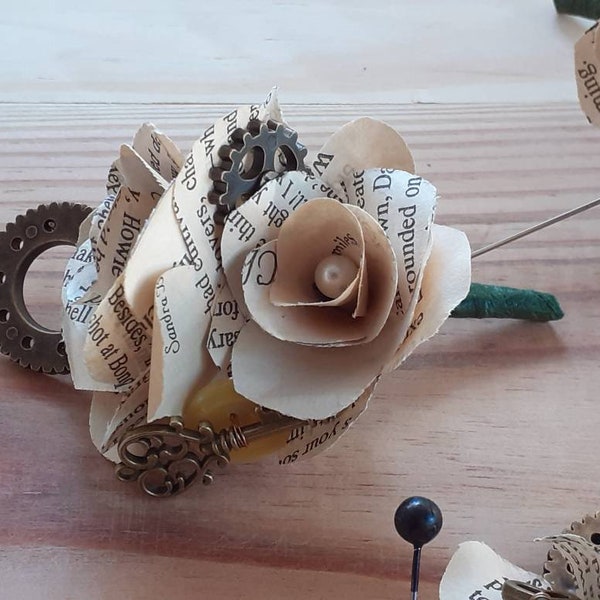 Steampunk Boutonniere, Grooms Boutonniere, Book Rose Boutonniere, Steampunk Wedding, Literary Flowers, Wedding Boutonniere, Book Flowers