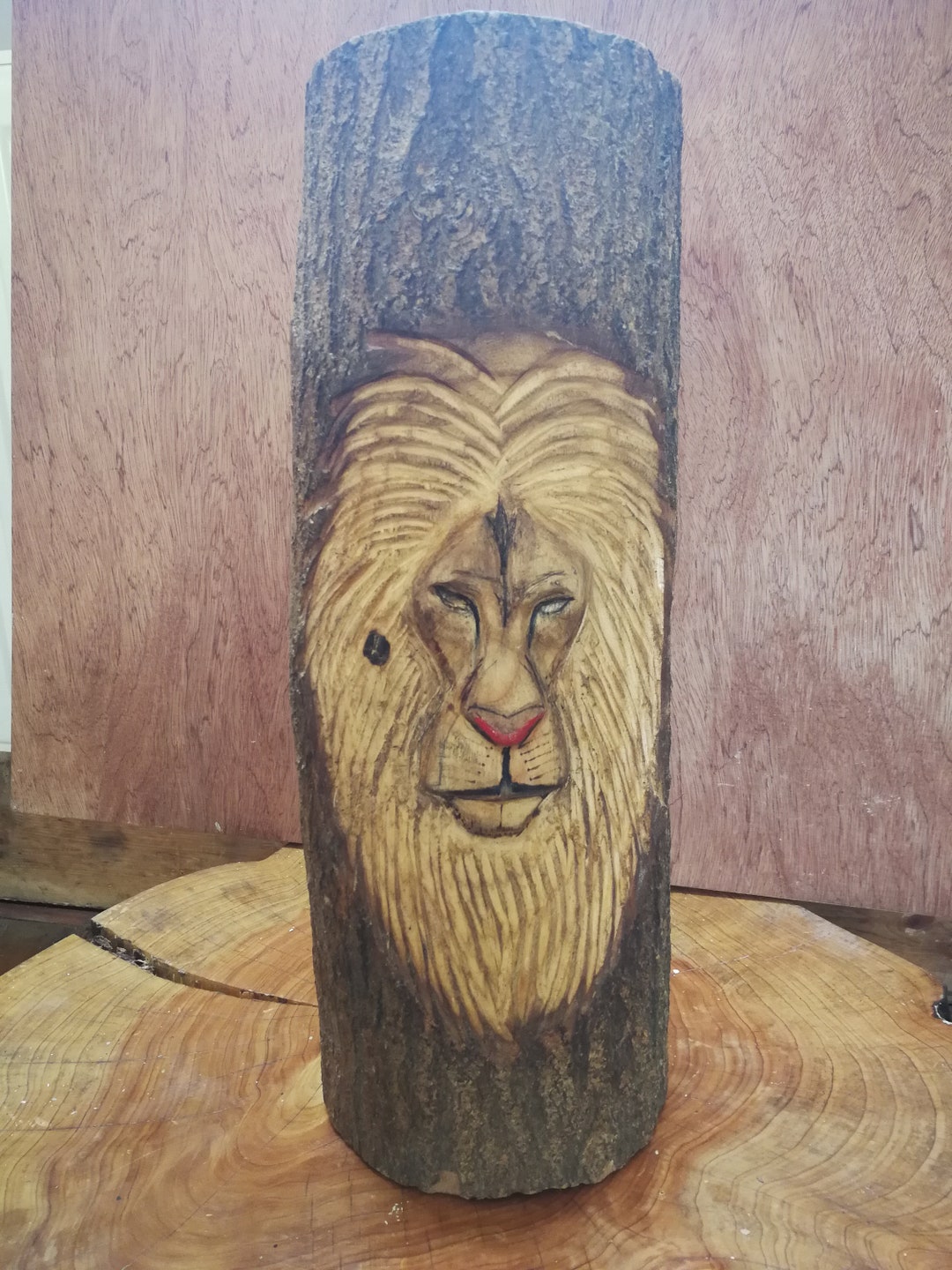 Hand Carved Ash Wooden Lion Statue Etsy