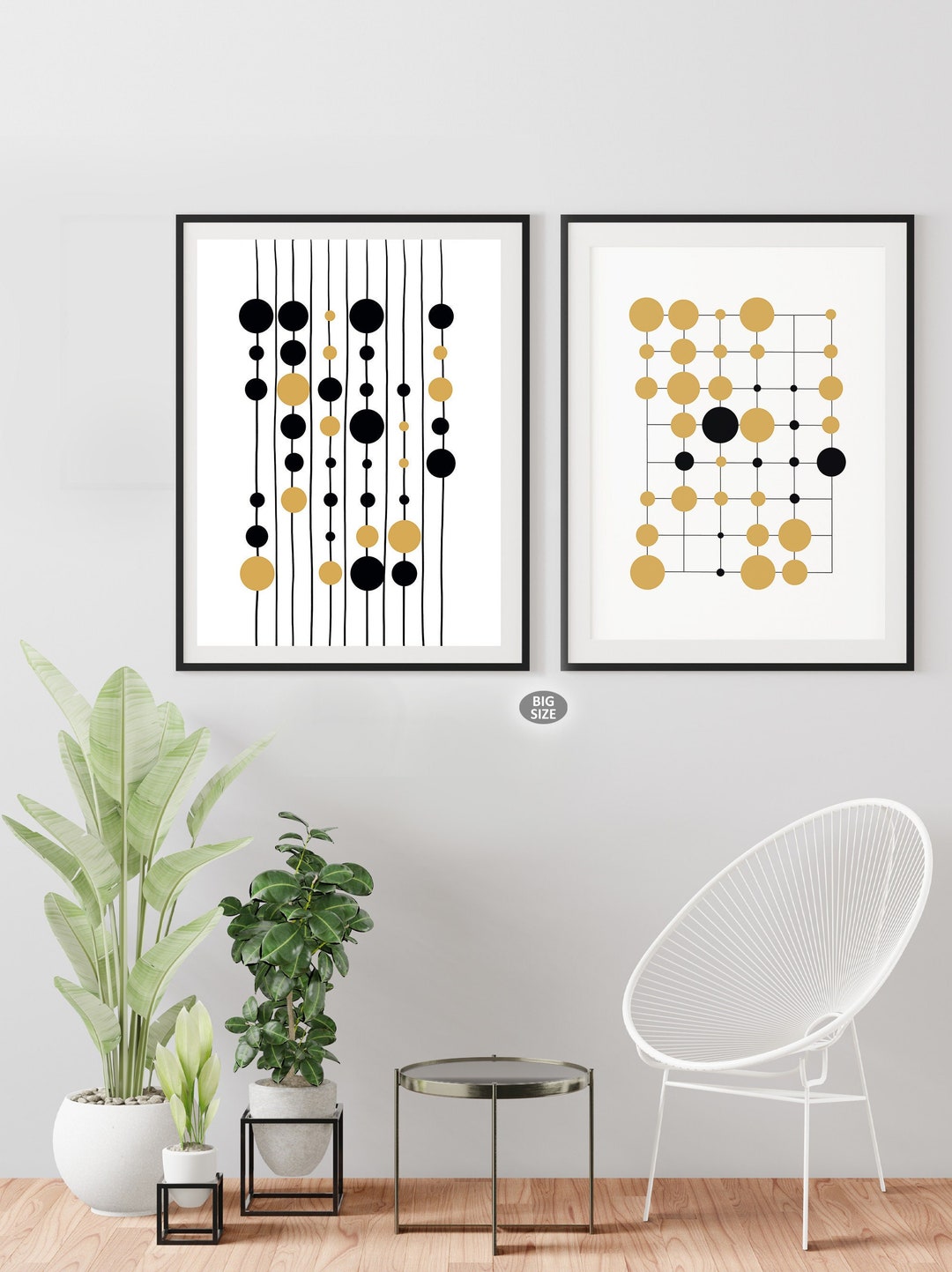 Set of 2 Abstract Art Black and Mustard Yellow Printable Geometric Line ...
