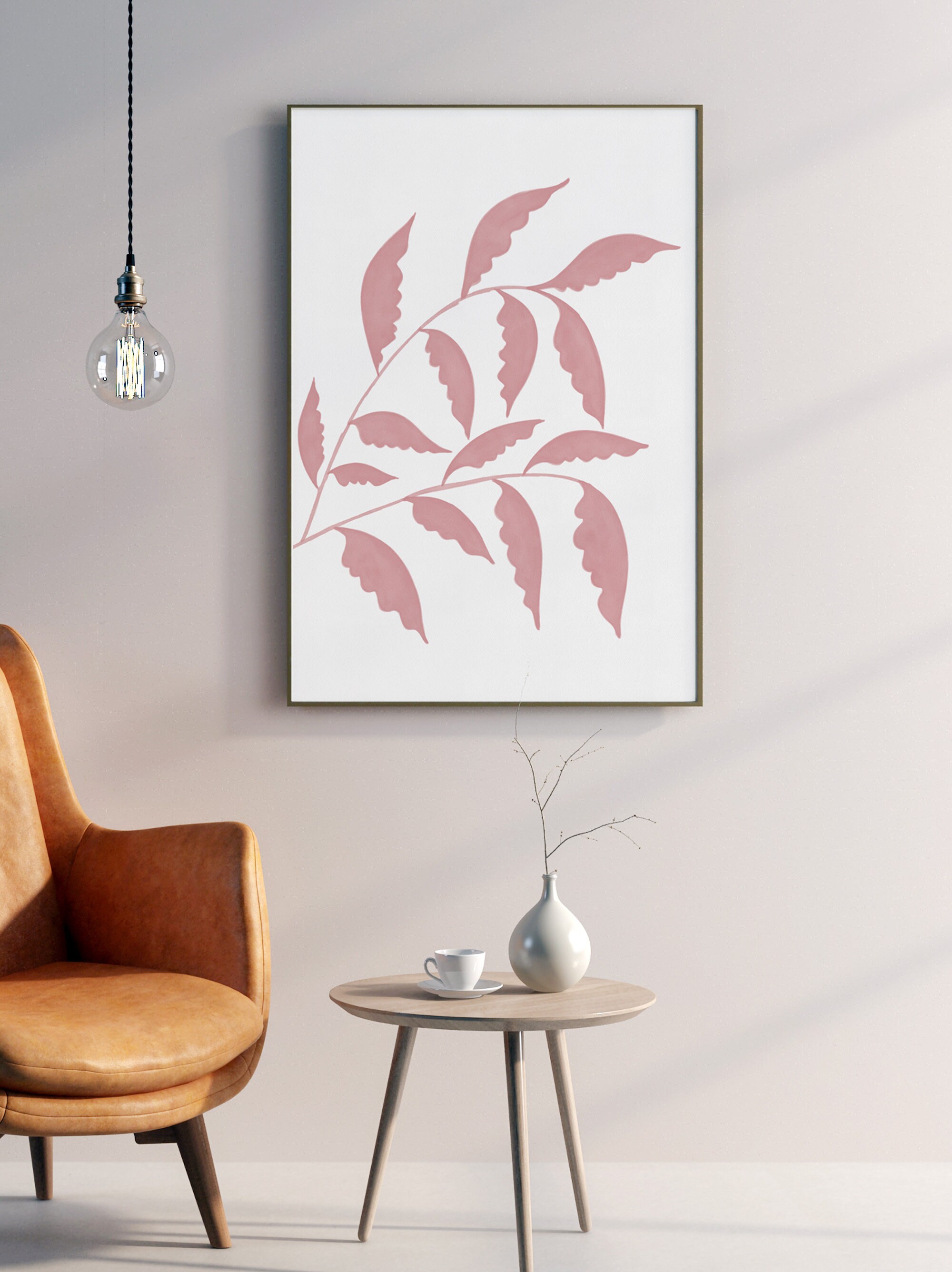 Leaves Wall Art, Blush Pink Wall Decor Boho Art Digital Download Mid