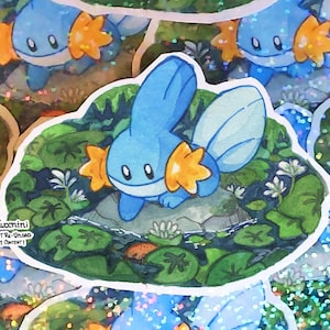 Pond Mudkip - Holographic 2.5 x 3.2in Sticker - Hand cut Watercolor style sticker - Water Resistant