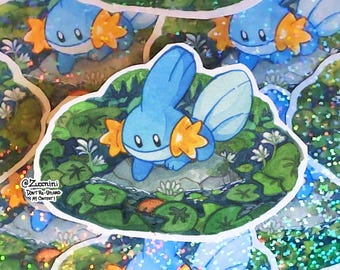 Pond Mudkip - Holographic 2.5 x 3.2in Sticker - Hand cut Watercolor style sticker - Water Resistant