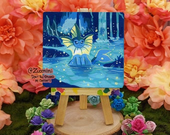 Vaporeon 3 x 3 Mini Canvas Painting with mini easel - Handmade Original Acrylic Painting OOAK - PKMN