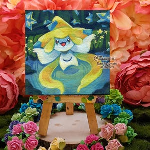 Jirachi 3 x 3in Mini Canvas Painting with mini easel - Handmade Original Acrylic Painting OOAK - PKMN