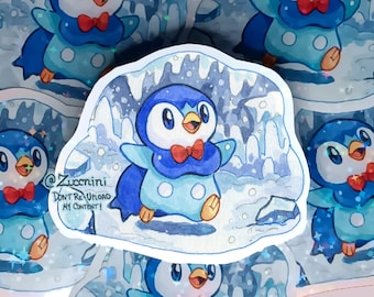 PMD Piplup Holographic 2.5 x 3.2in Sticker - Watercolor style sticker - Water Resistant