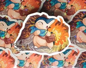 PMD Cyndaquil Holographic 2.5 x 3.2in Sticker - Watercolor style sticker - Water Resistant