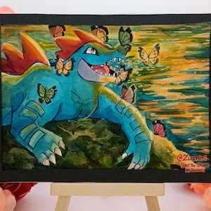 Feraligatr and vivillons - illustration on 7x5 Mat board - Original Watercolor Painting - Handpainted