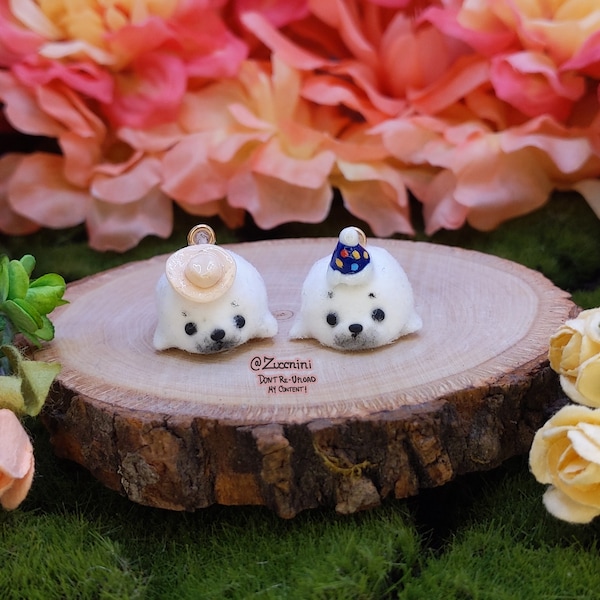 Mini fuzzy Baby Seal with hat - Cowboy or Party - Choose ONE - Hand made OOAK Polymer Clay Figure - Sculpture - animal figurine