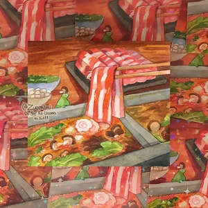 May include: A colorful illustration of a hot pot meal featuring sliced raw meat being held by wooden chopsticks, mushrooms, leafy greens, and fish cake slices in a broth. A small green character sits nearby. Text reads @Zuccnini Do Not Re-Upload My Art!!