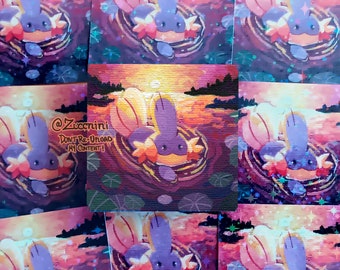 Shiny Mudkip - Mini Art Sticker - Holographic 2.2 x 2.2in Sticker - Hand cut Watercolor style sticker - Water Resistant