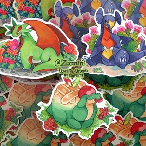 3 Sticker set - Floral dragons: Garchomp, Appletun, and shiny Salamence - Holographic 2.5in Stickers. Hand cut Watercolor style sticker.