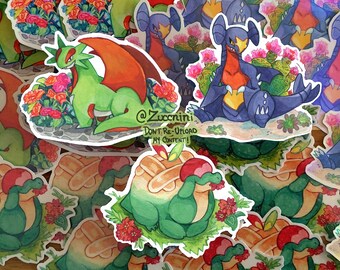 3 Sticker set - Floral dragons: Garchomp, Appletun, and shiny Salamence - Holographic 2.5in Stickers. Hand cut Watercolor style sticker.