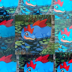 Feraligatr - Mini Print Sticker - Holographic 2.2 x 2.2in Sticker - Hand cut Watercolor style sticker - Water Resistant