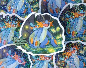 Swampert and Mudkip - Holographic 2.5 x 3.2in Sticker - Hand cut Watercolor style sticker - Water Resistant