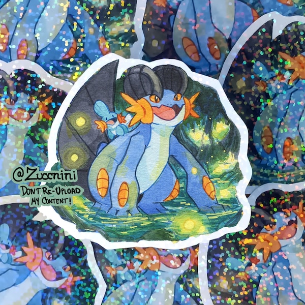 Swampert and Mudkip - Holographic 2.5 x 3.2in Sticker - Hand cut Watercolor style sticker - Water Resistant
