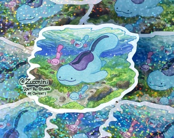 Swimming Quagsire and woopers - Holographic 2.5 x 3.2in Sticker - Hand cut Watercolor style sticker - Water Resistant