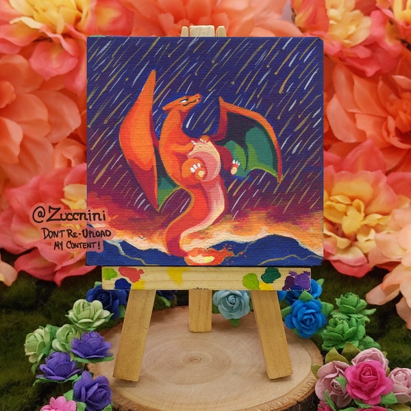 Charizard 3 x 3 Mini Canvas Painting with mini easel - Handmade Original Acrylic Painting OOAK - PKMN