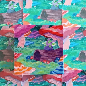 May include: A colorful illustration of a whimsical forest scene with a purple creature sitting on a log surrounded by mushrooms. The mushrooms are pink, red, and blue with white stripes. The background is a green field with a blue sky. The text "@Zuccini Don't Re-Upload My Content!" is in the lower left corner.