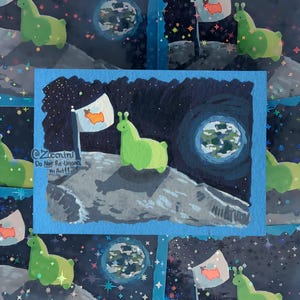 May include: A rectangular art print featuring a green slug-like creature standing on a gray lunar surface against a dark starry sky. A white flag with an orange creature icon stands nearby, and a blue Earth is visible. Text reads @Zuccnini Do Not Re-Upload My Art!!