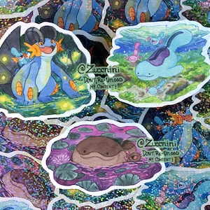 3 Sticker set - Swamp Friends: Quagsire - Clodsire - Swampert - Holographic 2.5in Stickers. Hand cut Watercolor style sticker.