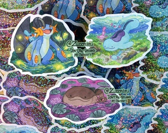 3 Sticker set - Swamp Friends: Quagsire - Clodsire - Swampert - Holographic 2.5in Stickers. Hand cut Watercolor style sticker.