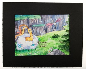 Shiny Altaria and Swablu 5.5x7.5 Painting on 8x10 Mat board - Original Watercolor Painting - Handpainted