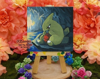 Larvitar 3 x 3 Mini Canvas Painting with mini easel - Handmade Original Acrylic Painting OOAK - PKMN