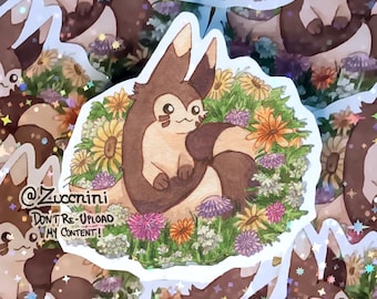 Furret in Flowers - Holographic 2.5 x 3.2in Sticker - Hand cut Watercolor style sticker - Water Resistant