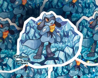 PMD Riolu Holographic 2.5 x 3.2in Sticker - Watercolor style sticker - Water Resistant