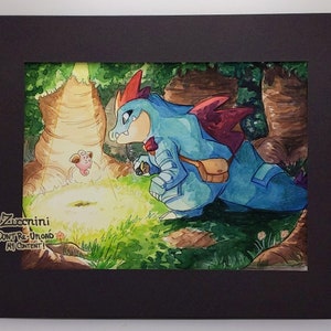 6x8 Painting on 8x10 Mat board - Original Watercolor Painting - Feraligatr and Cleffa PMD rescue.