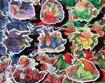 Mix and Match Sticker set Dragons: Garchomp - Appletun - Salamence - Tyrantrum - Giratina - Hand Cut Watercolor style Holographic stickers.
