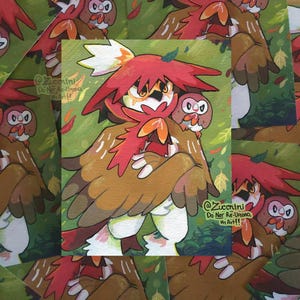 May include: A hand-painted illustration of a red and brown Pokemon character with a smaller brown and white Pokemon character in its arms. The background is a green and brown forest scene with leaves and branches. The illustration is signed "@Zucchini Do Ner Re-Union My Art!!"