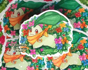 PMD Chikorita Holographic 2.5 x 3.2in Sticker - Watercolor style sticker - Water Resistant