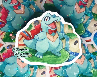 PMD Totodile Holographic 2.5 x 3.2in Sticker - Watercolor style sticker - Water Resistant