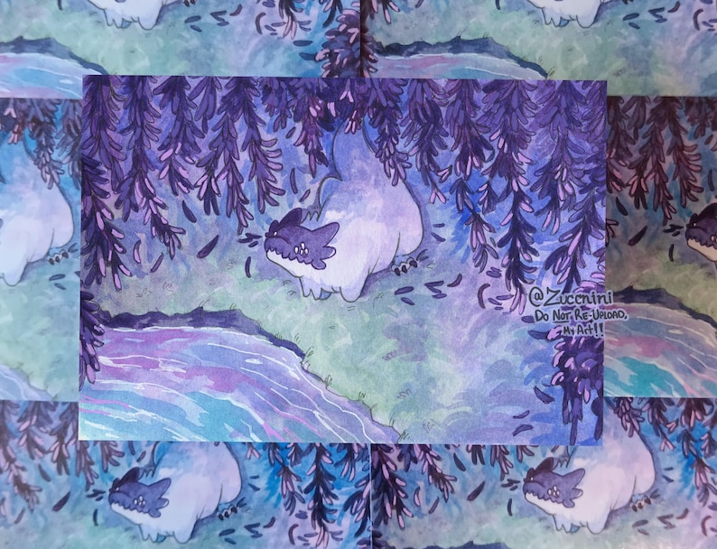 May include: Watercolor art print featuring a whimsical creature in a purple and blue forest scene. The artwork includes a river, foliage, and the text "@Zuccini Do Not Re-Upload, My Art!!".