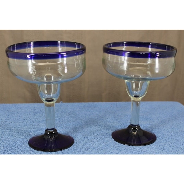 SET of 2 MARGARITA GLASSES Cobalt Blue Rim & Foot Hand Blown 7" H Mexico