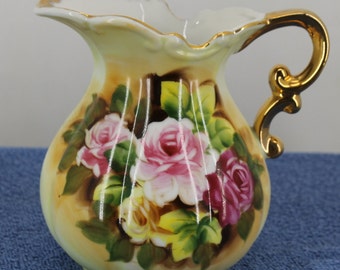 Porcelain Gold Gilt Wash  Pitcher. Vintage rose pattern  Japan