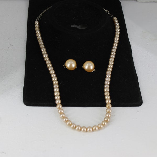 11" String Vintage Costume Pearls w/ Clamp type earrings