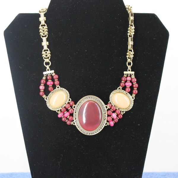 Chico's Signed Pink & Merlot Chunky Bib Necklace With Dust Bag Style #570244356 Great Valentine's Gift