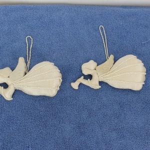 A Pair of Silk Beaded Cushioned Angels Christmas Ornaments Playing Trumpets Hand Stitched