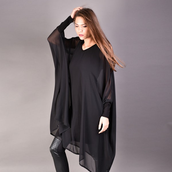 Black Tunic, Тulle, Womens Tunic, Oversize Tunic, Dress Tunic, Plus Size Tunic, Long Sleeve Tunic, Maxi Tunic Top, Tulle Cover Up, Clothing