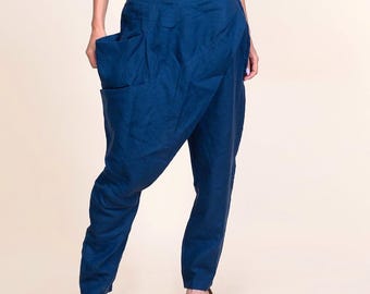 Linen Overlapping  Drop Crotch Pants with Pockets