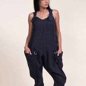 Combinaison d’entrejambe sans manches en lin noir, combinaison de harem d’été, combinaison ample en lin boho, pull en lin pour femmes, barboteuse lâche noire