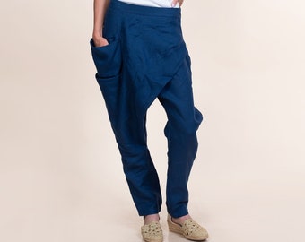 Linen Overlapping  Drop Crotch Pants with Pockets