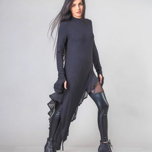 Long Black Asymmetric Maxi Turtleneck Tunic,Extravagant Casual Black Knitted dress with Thumb Hole Sleeve and chiffon ,Avant Garde style